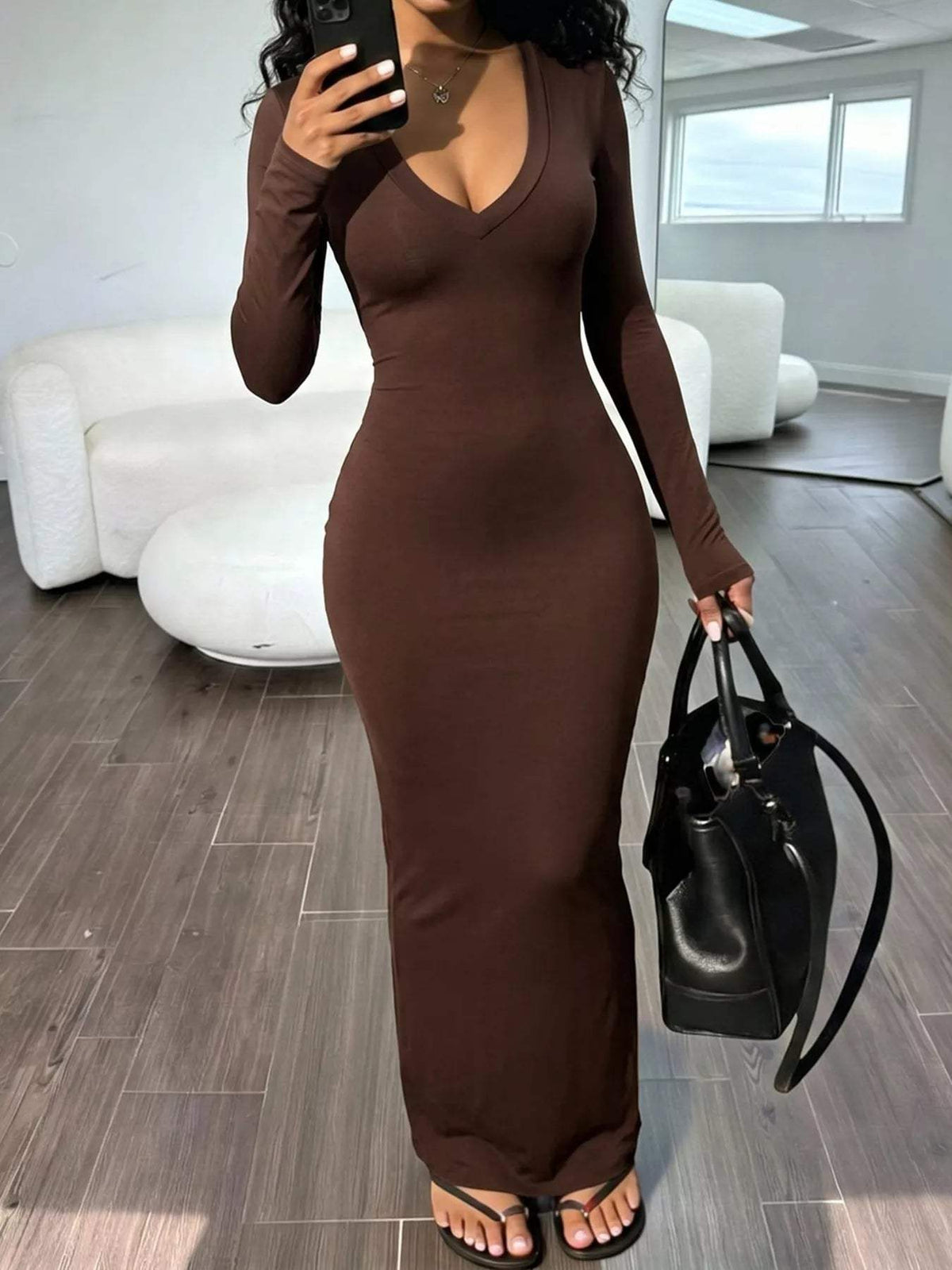 Long Sleeve V-Neck Ruched Maxi Dress - Trendsi - Flyclothing LLC
