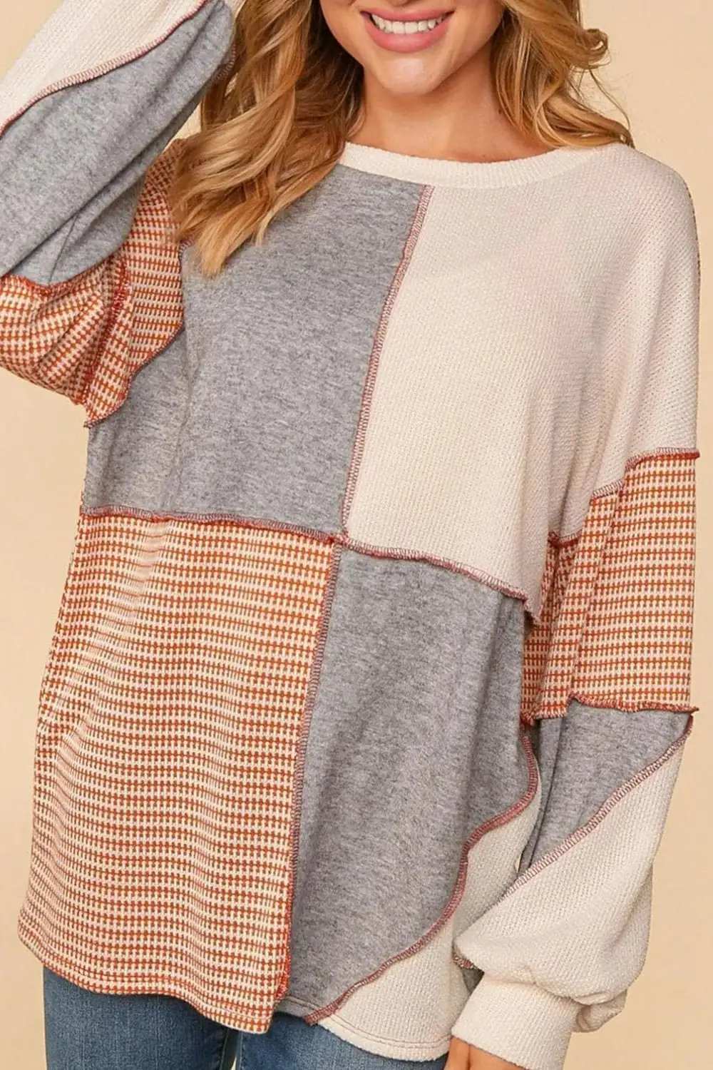 Exposed Seam Color Block Round Neck Top - Trendsi - Flyclothing LLC