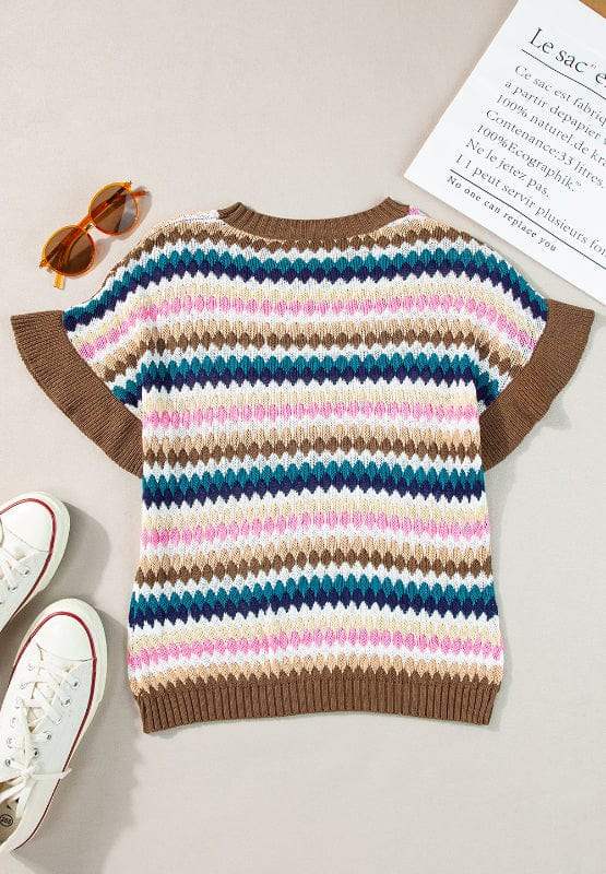 Contrast Round Neck Short Sleeve Sweater - Trendsi - Flyclothing LLC
