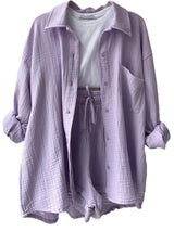 Textured Button Up Shirt and Shorts Set - Trendsi - Flyclothing LLC