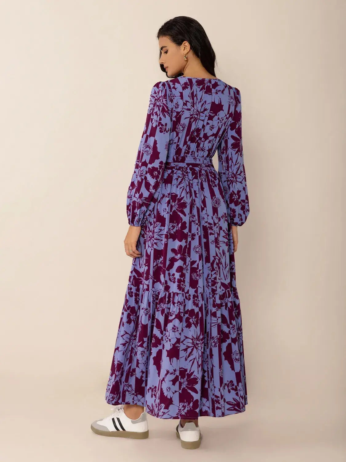 Printed Tie Neck Balloon Sleeve Maxi Dress - Trendsi - Flyclothing LLC