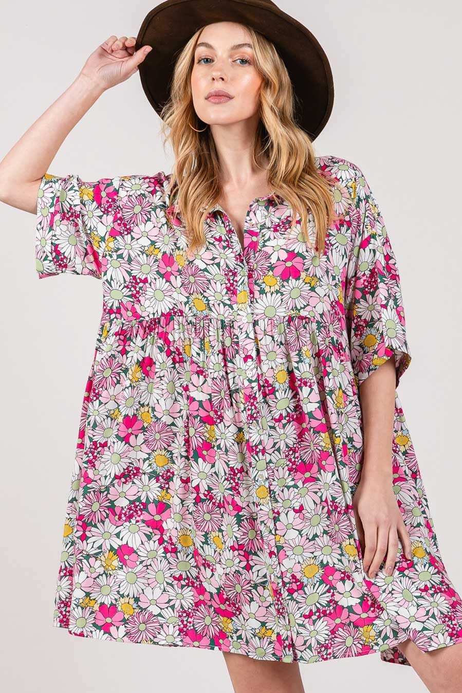 SAGE + FIG Floral Button Down Mini Shirt Dress - Trendsi - Flyclothing LLC