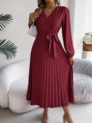 Pleated Tied V-Neck Long Sleeve Dress - Trendsi