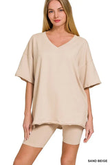 Zenana Cotton V-neck Top & Biker Shorts Set - Trendsi - Flyclothing LLC
