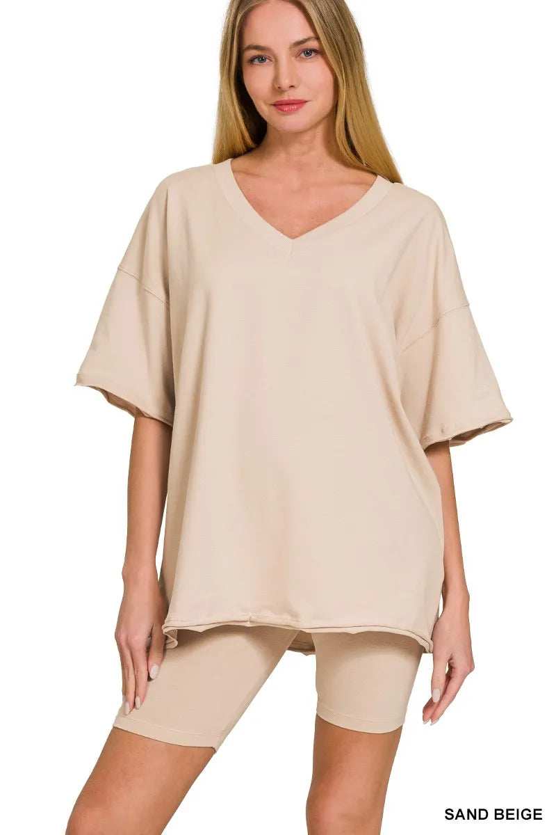 Zenana Cotton V-neck Top & Biker Shorts Set - Trendsi - Flyclothing LLC