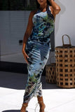 Backless Printed Halter Neck Dress - Trendsi