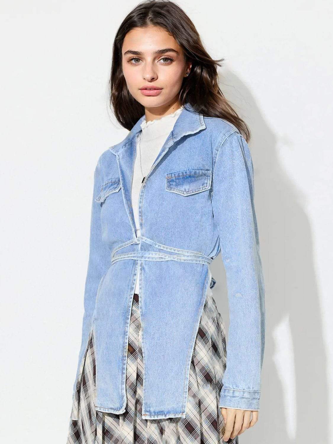 Asymmetric Slit Collared Neck Long Denim Top - Trendsi - Flyclothing LLC