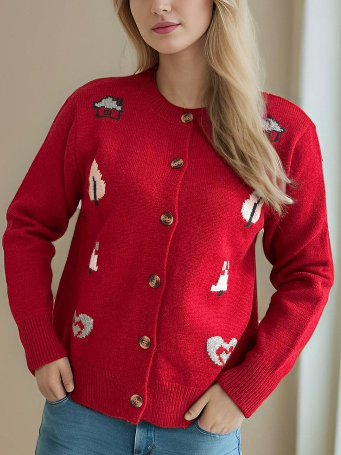 Button Up Round Neck Long Sleeve Cardigan - Trendsi