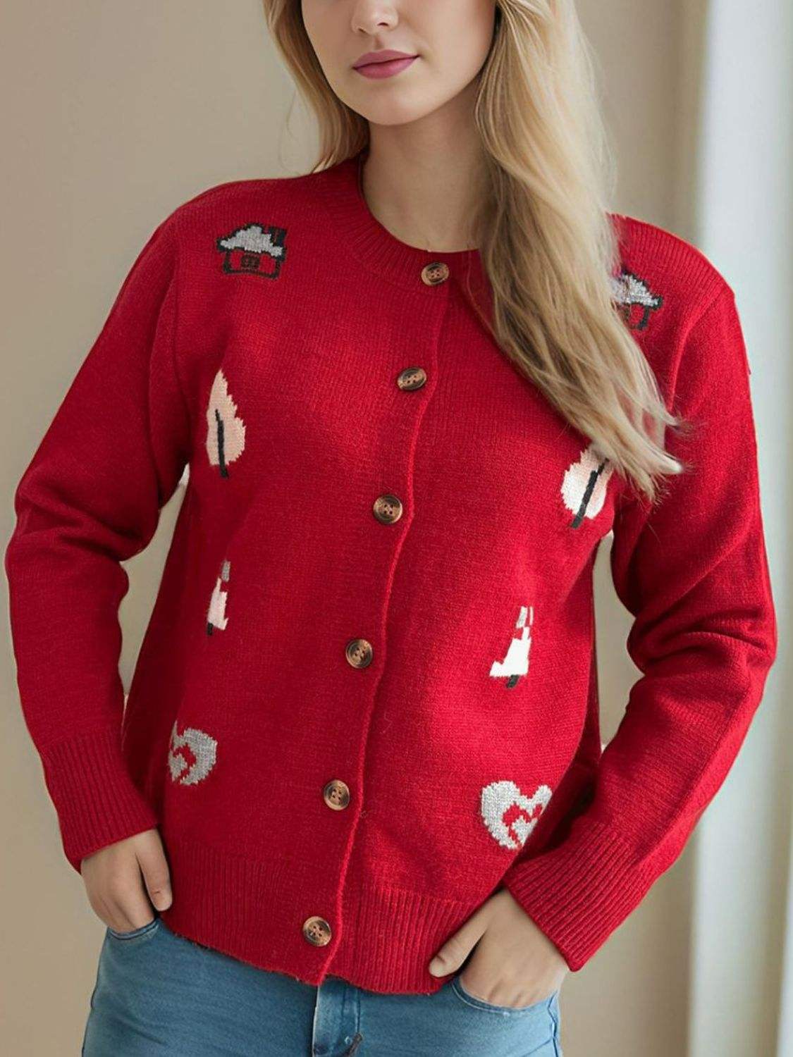 Button Up Round Neck Long Sleeve Cardigan - Trendsi - Flyclothing LLC