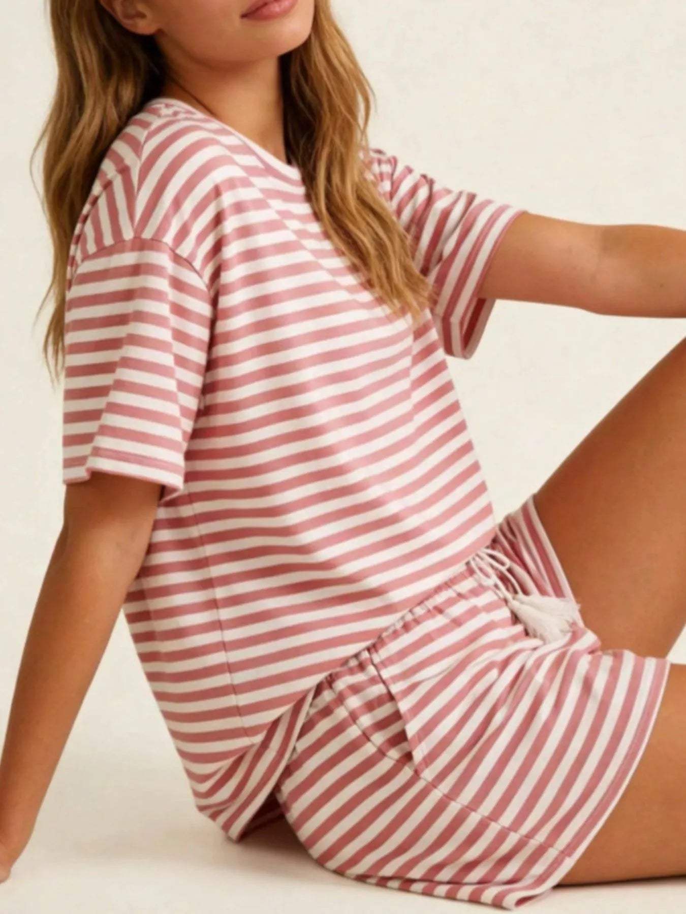 Striped Short Sleeve Tee and Drawstring Shorts Set - Trendsi - Flyclothing LLC
