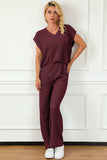 Pocketed V-Neck Top and Wide Leg Sweater Set - Trendsi - Flyclothing LLC