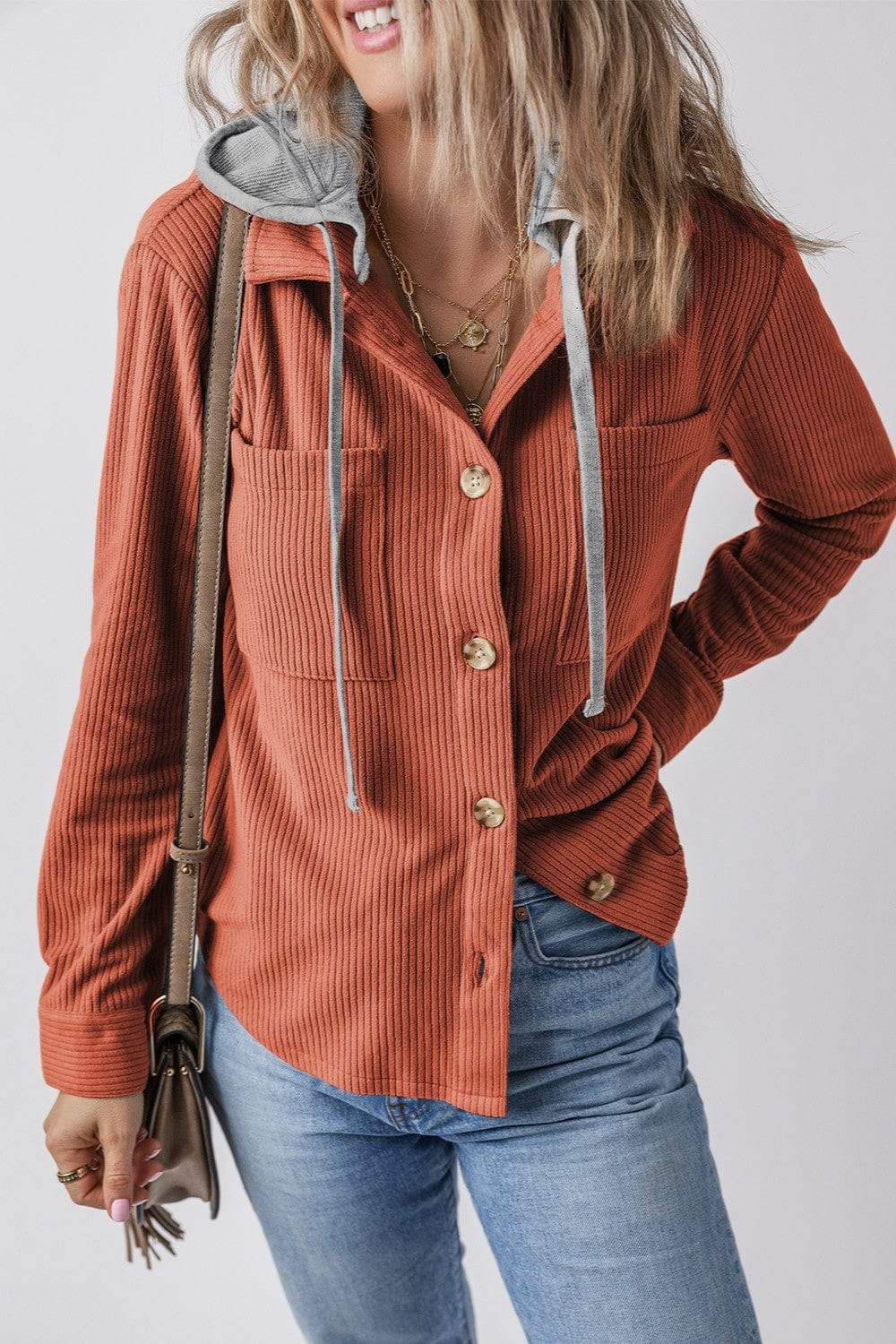 Drawstring Button Up Long Sleeve Hooded Jacket - Trendsi - Flyclothing LLC