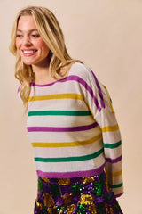 SO ME Mardi Gras Color Stripe Lightweight Sweater Top - Trendsi - Flyclothing LLC