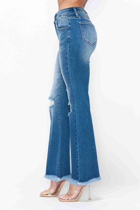 bytos Full Size Raw Hem Distressed High Rise Bootcut Jeans - Trendsi - Flyclothing LLC