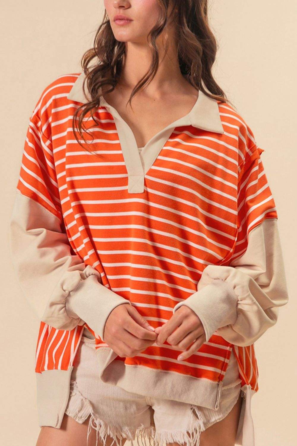 Striped Johnny Collar Long Sleeve Sweatshirt - Trendsi - Flyclothing LLC