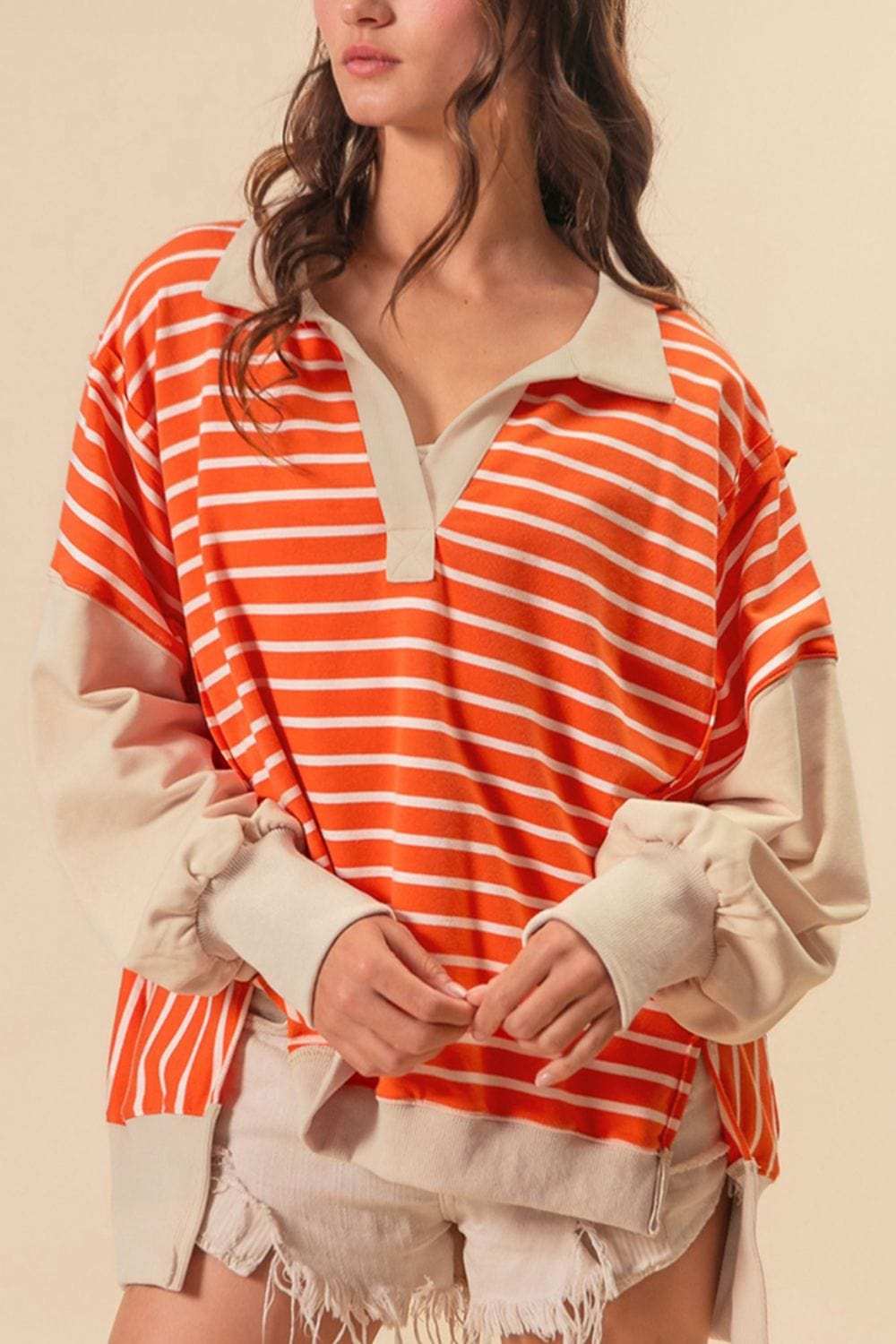 Striped Johnny Collar Long Sleeve Sweatshirt - Trendsi - Flyclothing LLC