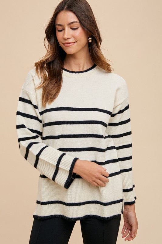 Annie Wear Side Slit Striped Round Neck Sweater - Trendsi