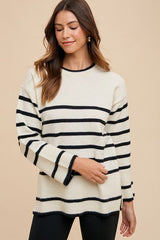 Annie Wear Side Slit Striped Round Neck Sweater - Trendsi