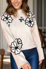 Flower Mock Neck Long Sleeve Sweater - Trendsi - Flyclothing LLC