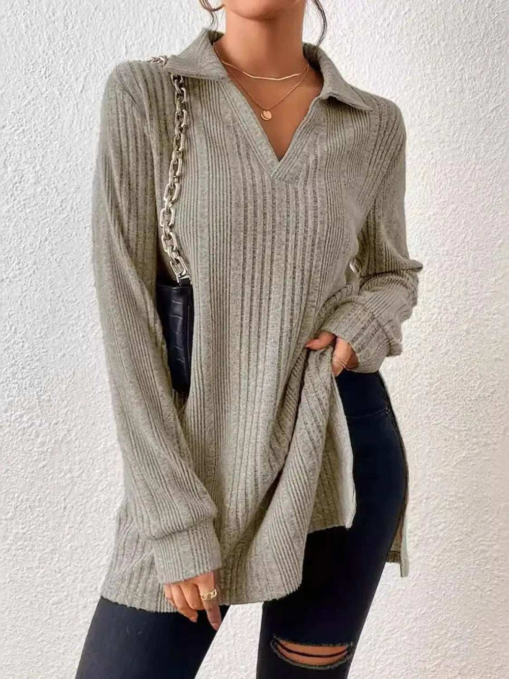 Slit Johnny Collar Long Sleeve Top - Trendsi - Flyclothing LLC