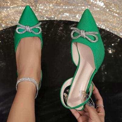 Rhinestone Bow Point Toe Pumps - Trendsi - Flyclothing LLC