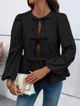 Ivy Lane Peplum Tied Long Sleeve Blouse - Trendsi - Flyclothing LLC