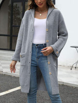 Pocketed Button Up Long Sleeve Hooded Cardigan - Trendsi - Flyclothing LLC