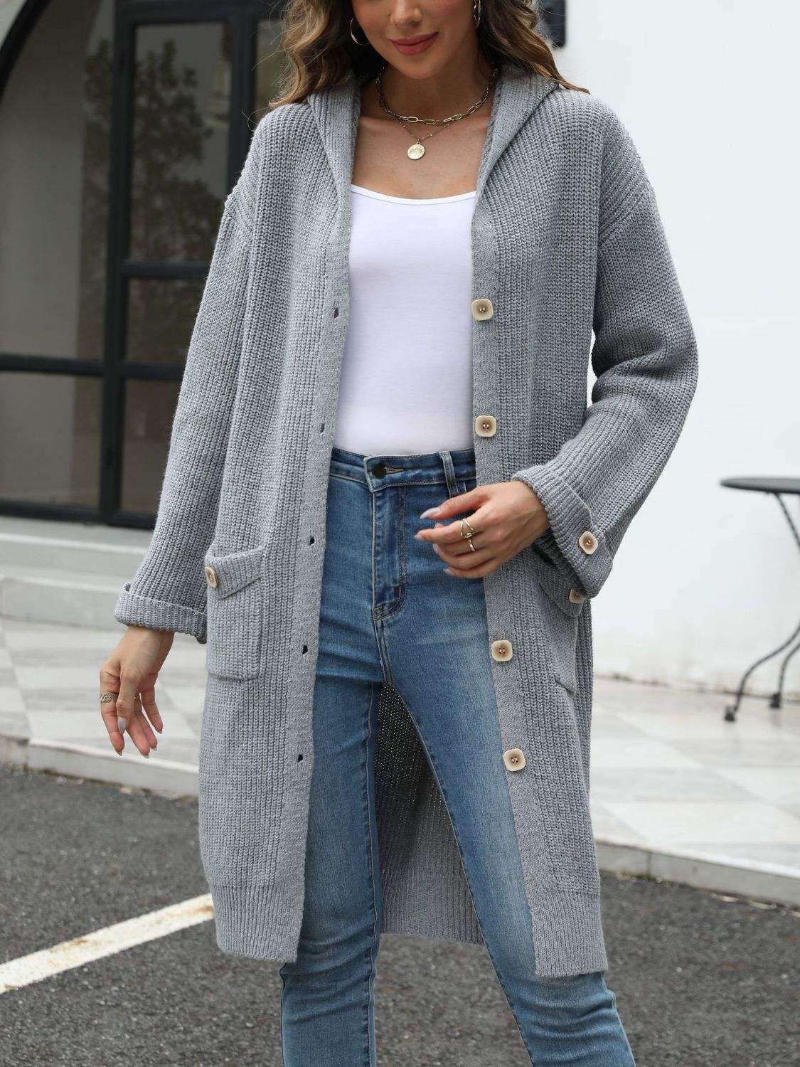 Pocketed Button Up Long Sleeve Hooded Cardigan - Trendsi - Flyclothing LLC