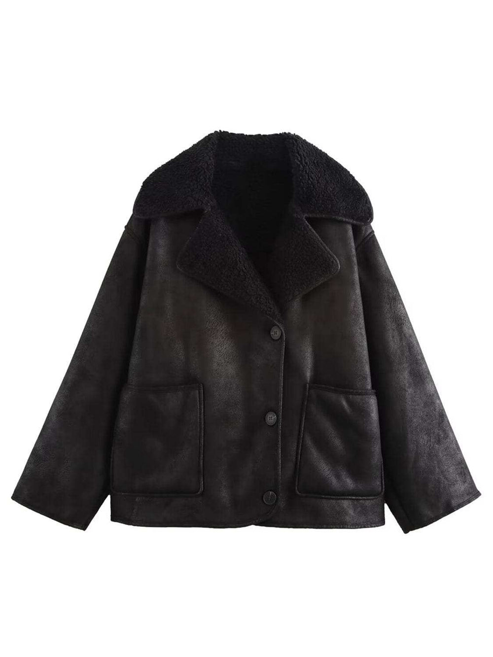 Collared Neck Long Sleeve Plush Jacket - Trendsi - Flyclothing LLC