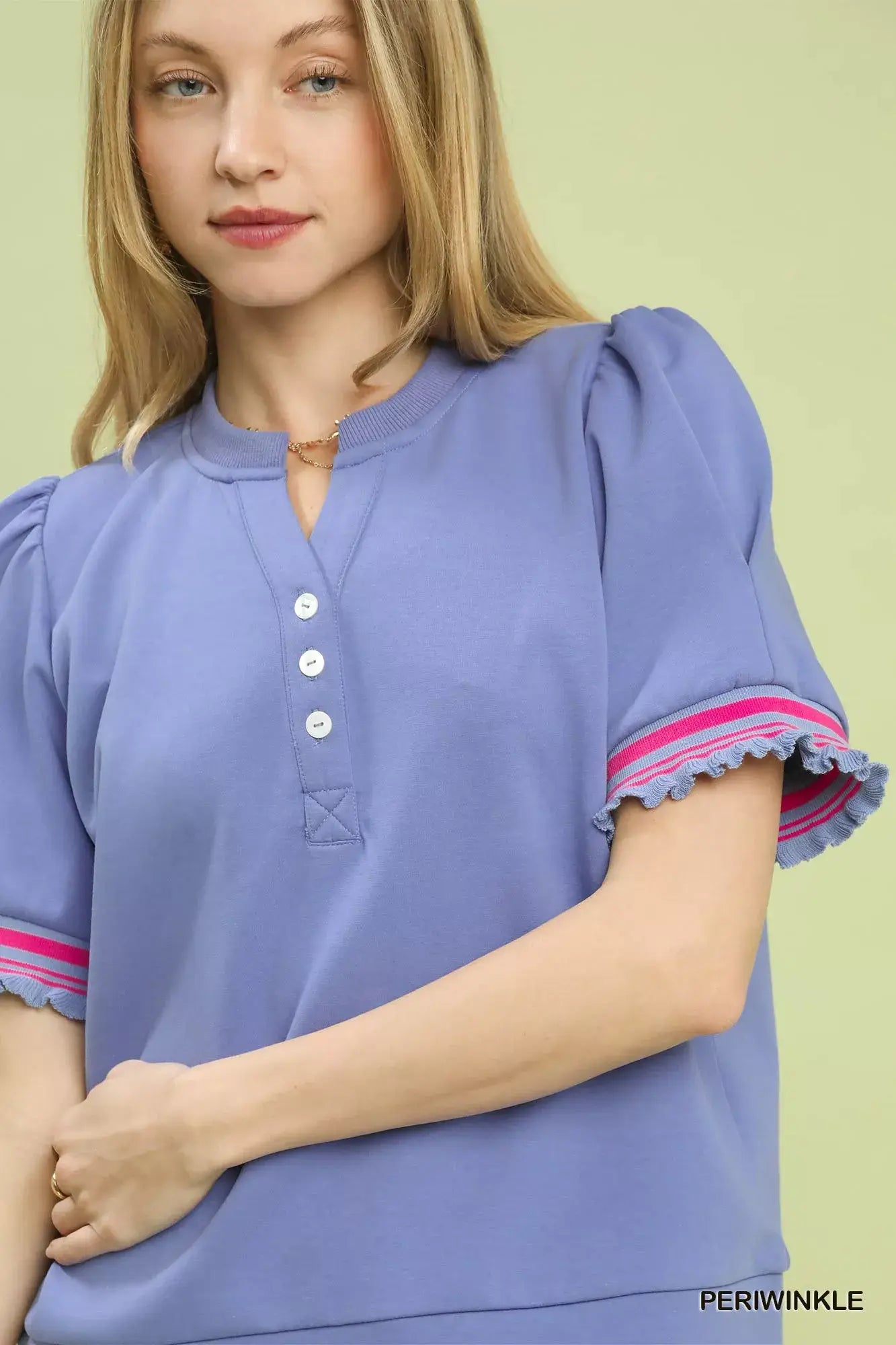 Umgee Puff Sleeve Button Front Top with Contrast Trim - Trendsi - Flyclothing LLC