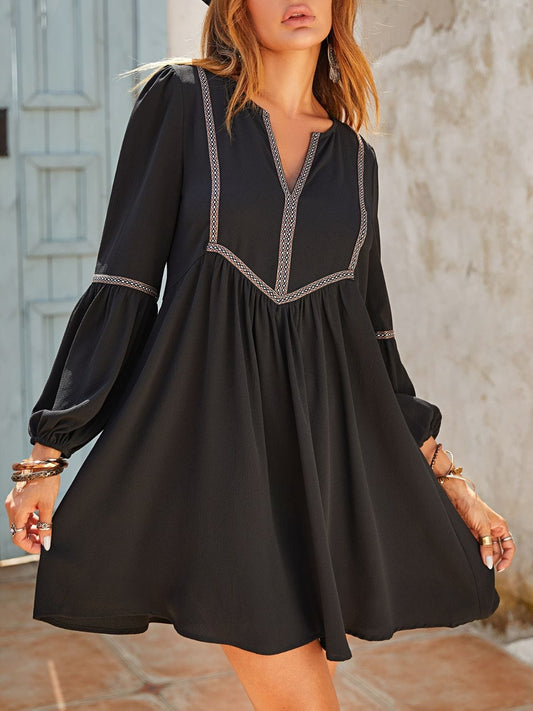 Ruched Notched Long Sleeve Mini Dress - Trendsi