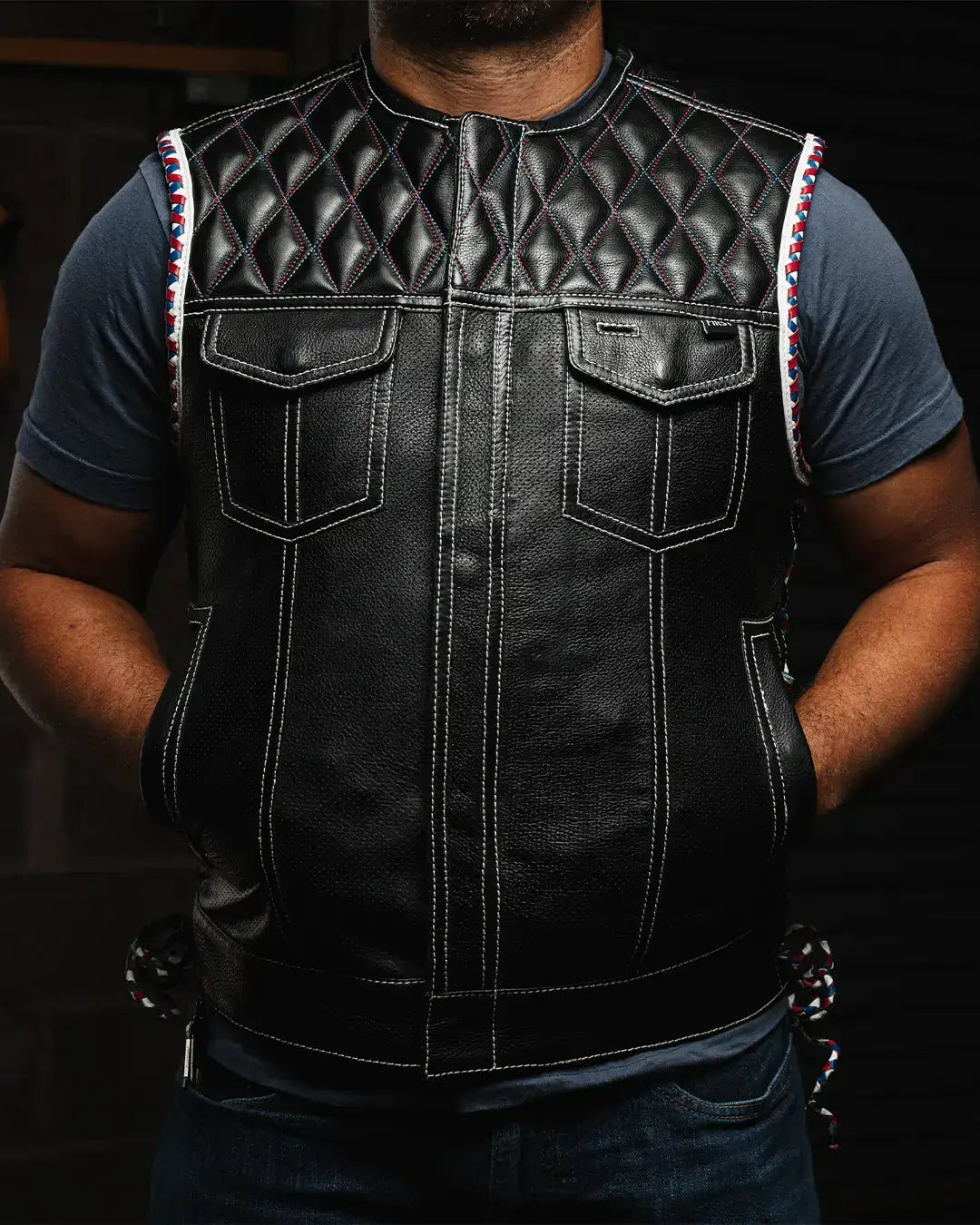 Captain Perforated Men's Motorcycle Leather Vest - First Manufacturing Company - Flyclothing LLC