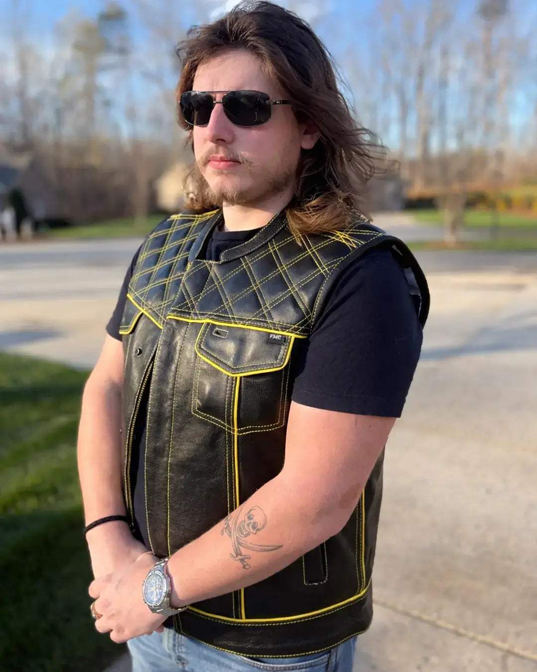 Finish Line - Gold Checker - Men's Motorcycle Leather Vest - First Manufacturing Company - Flyclothing LLC