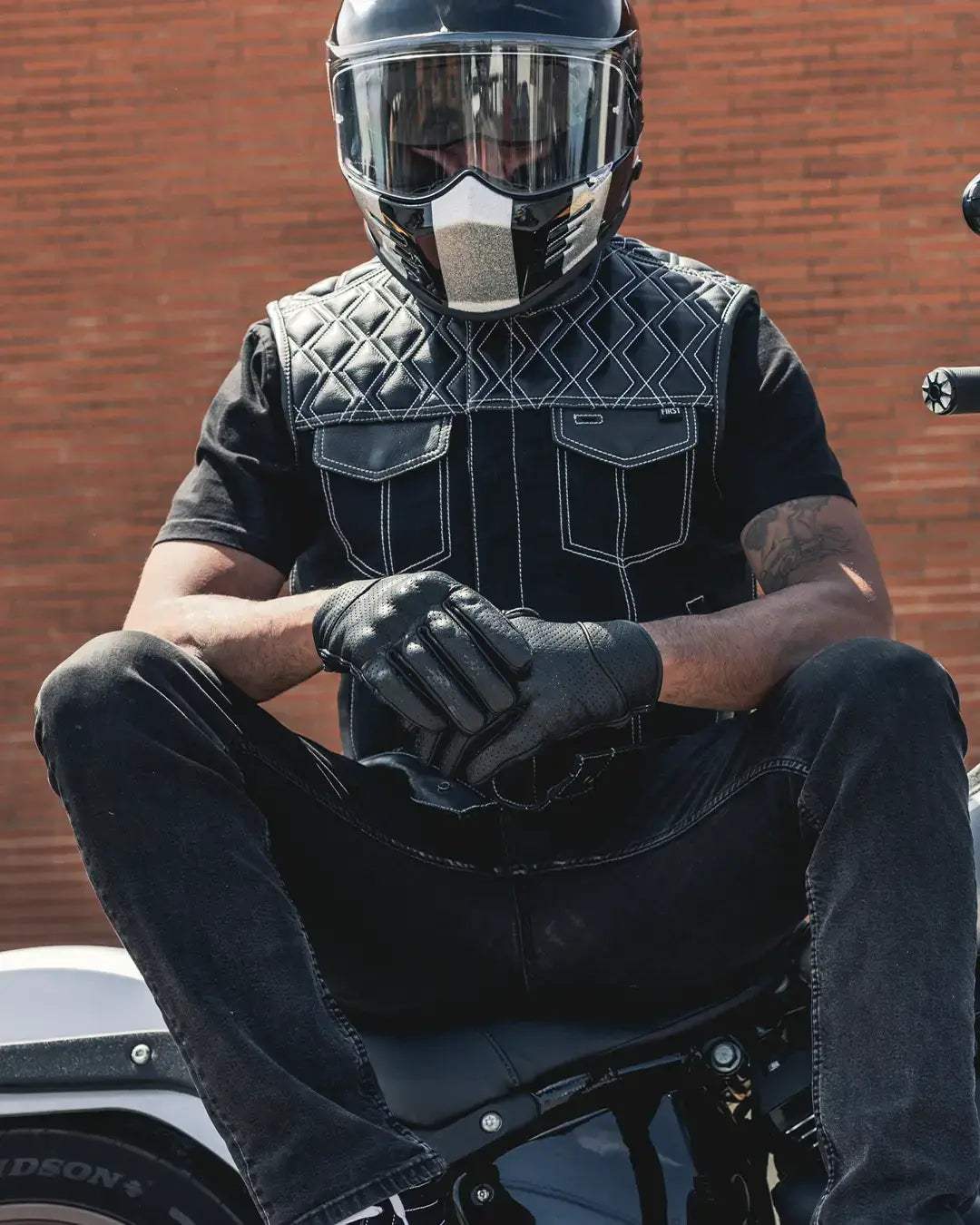 Hunt Club Motorcycle Leather Canvas Vest White Stitch - First Manufacturing Company - Flyclothing LLC