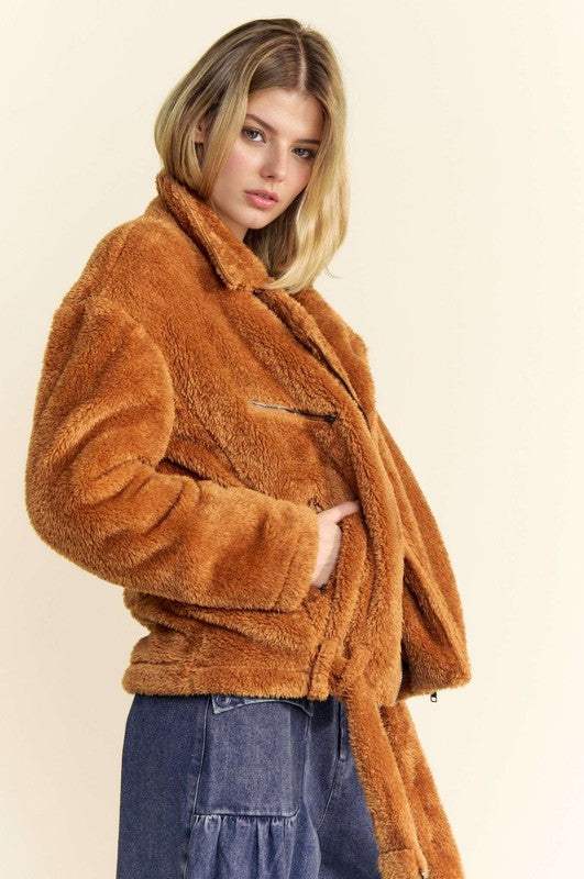 Davi & Dani Fuzzy Zip Up Collared Neck Jacket - Trendsi - Flyclothing LLC