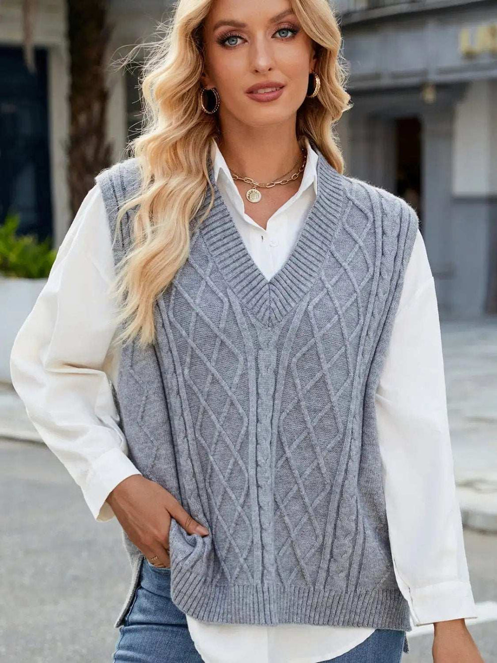 Cable Knit V-Neck Sweater Vest - Trendsi - Flyclothing LLC