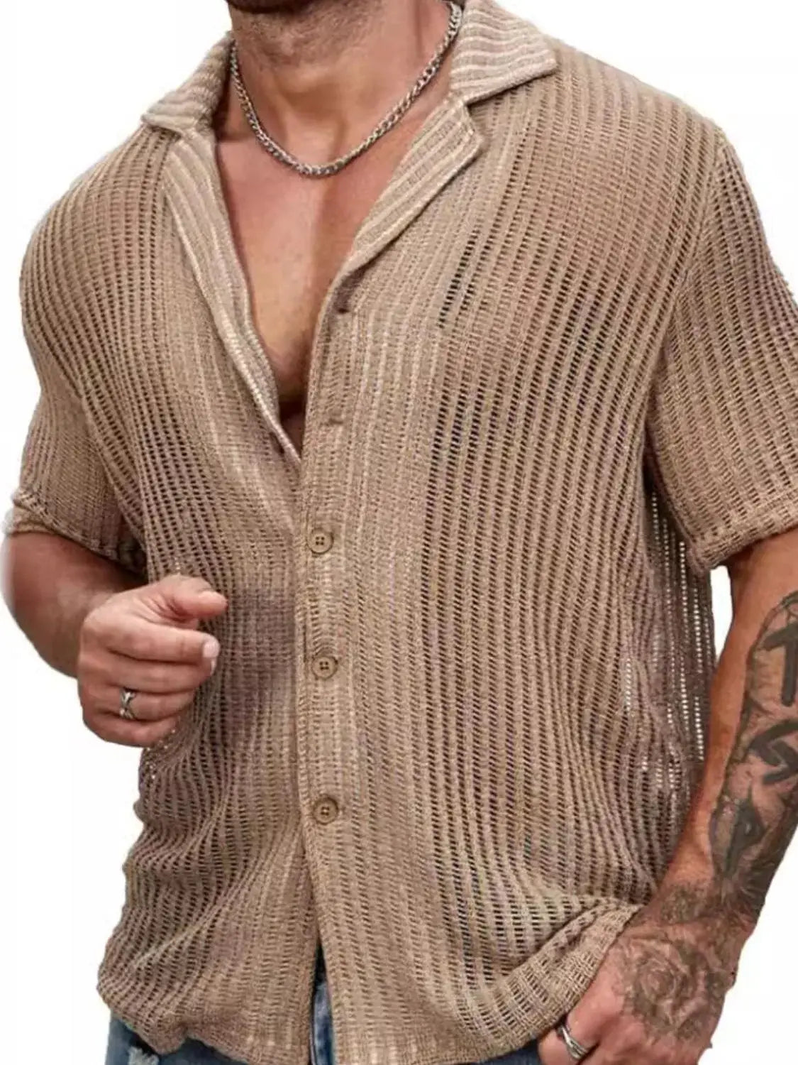 Men's Full Size Openwork Button Down Short Sleeve Shirt Plus Size - Trendsi - Flyclothing LLC