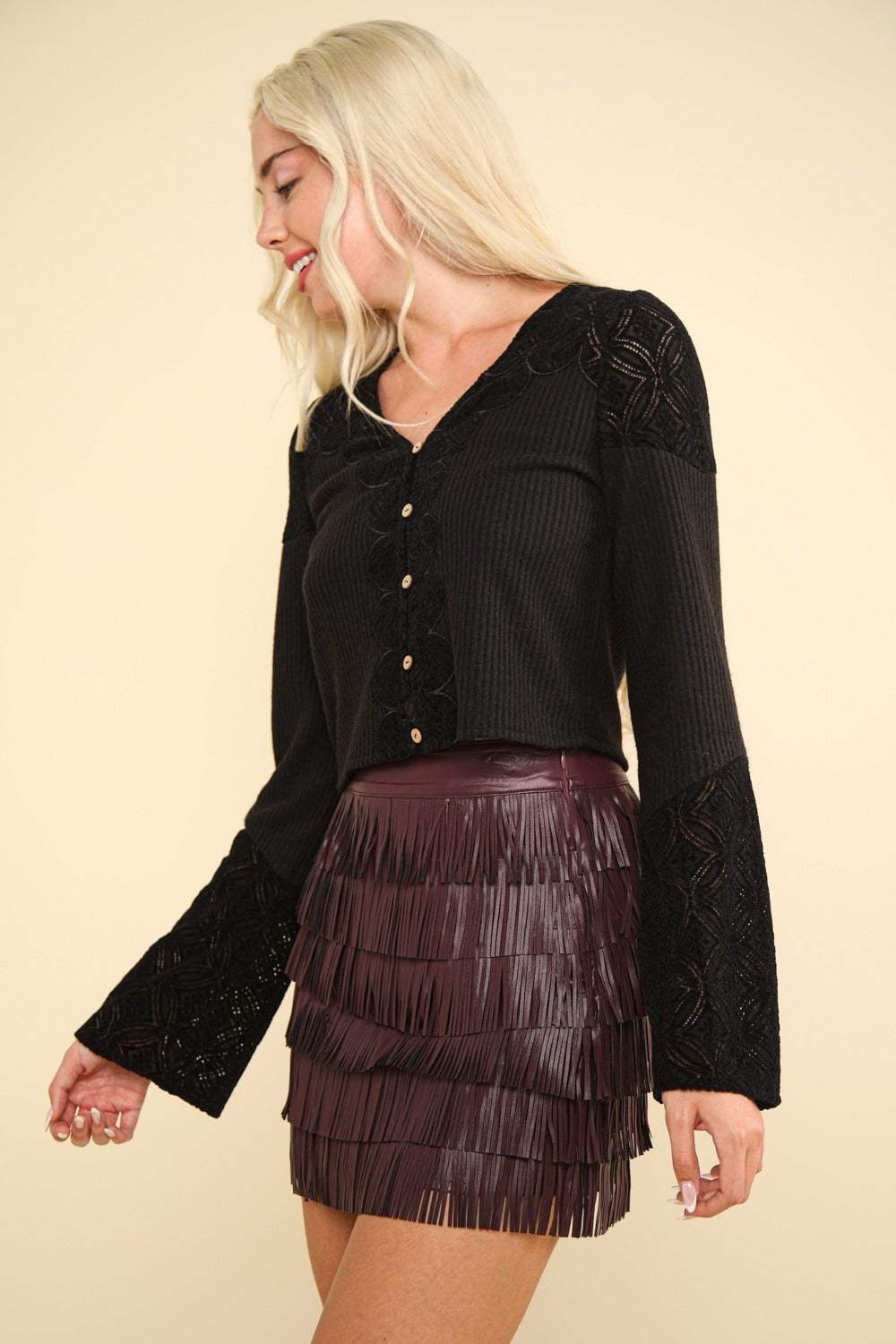 VERY J V-Neck Lace Detail Button Down Crop Ribbed Knit Top - Trendsi - Flyclothing LLC