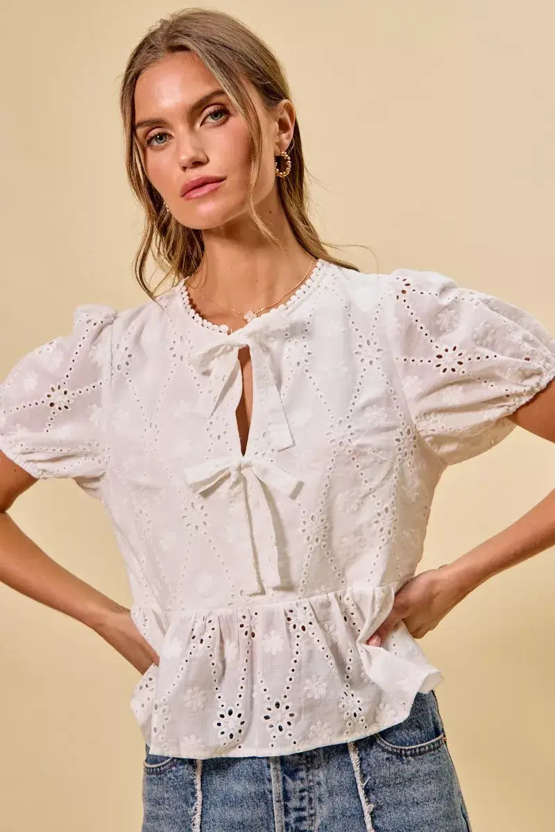 SO ME Cotton Eyelet Front Tie Short Sleeves Blouse - Trendsi - Flyclothing LLC