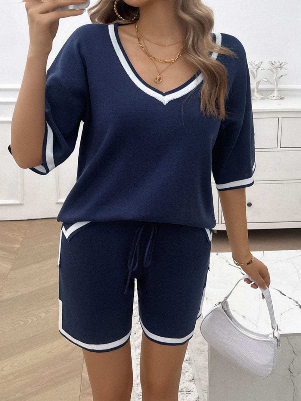 Contrast Trim V-Neck Top and Shorts Set - Trendsi - Flyclothing LLC