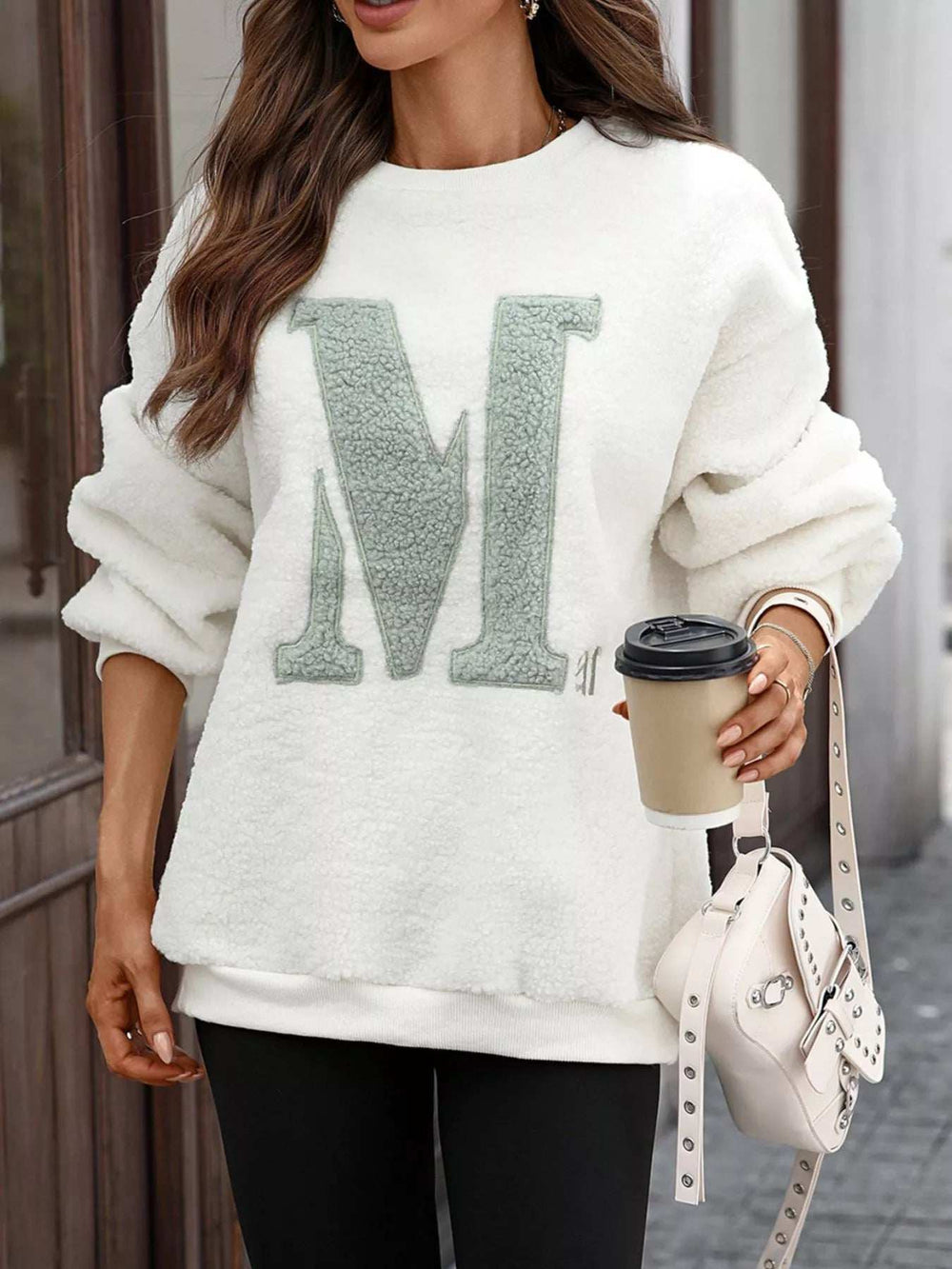 Letter Round Neck Fleece Sweatshirt - Trendsi - Flyclothing LLC
