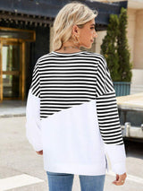 Slit Contrast Striped Long Sleeve Sweatshirt - Trendsi - Flyclothing LLC