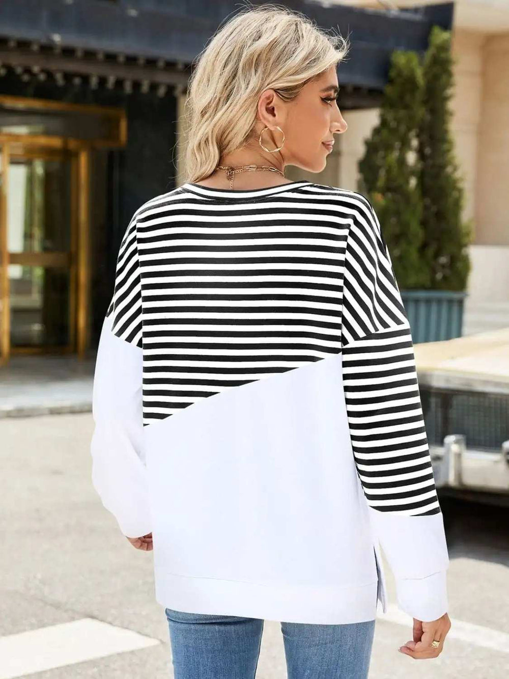 Slit Contrast Striped Long Sleeve Sweatshirt - Trendsi - Flyclothing LLC