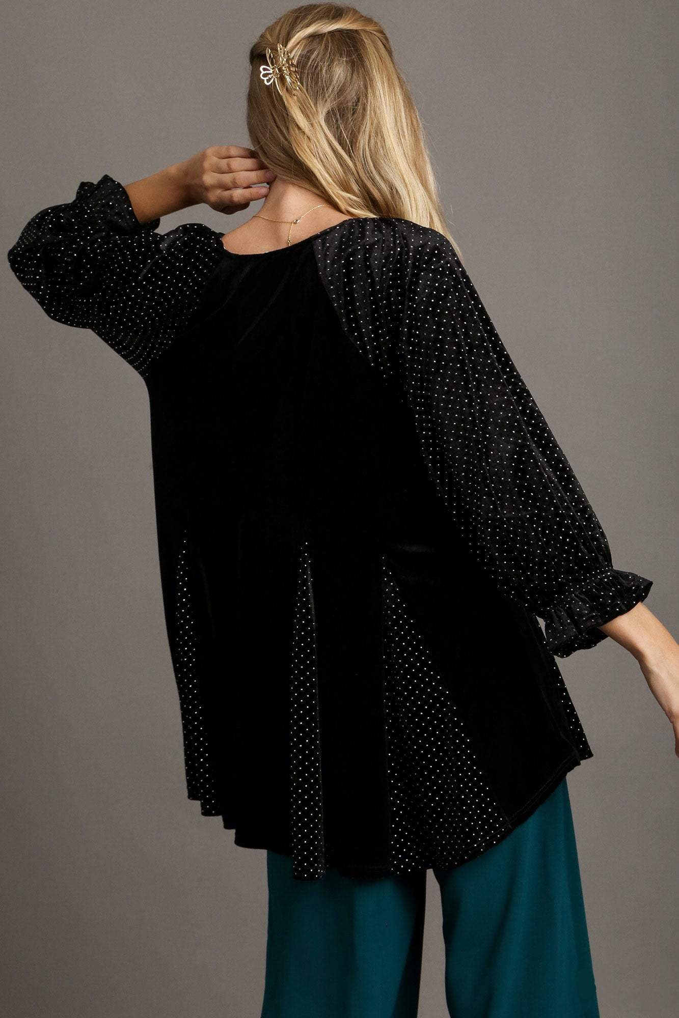 Umgee Godet Hem Polka Dot V-Neck Blouse - Trendsi - Flyclothing LLC