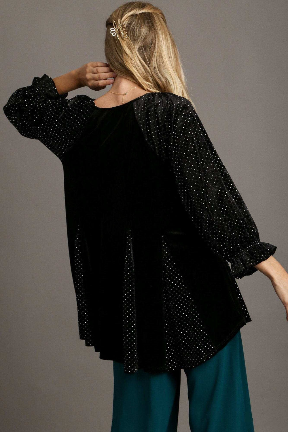 Umgee Godet Hem Polka Dot V-Neck Blouse - Trendsi - Flyclothing LLC