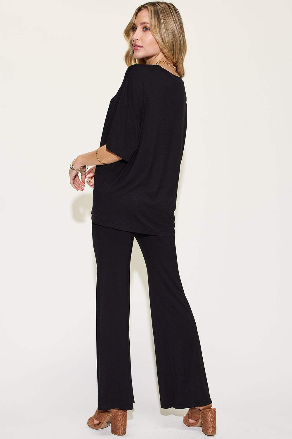 Basic Bae Full Size Bamboo Drop Shoulder T-Shirt and Flare Pants Set - Trendsi - Flyclothing LLC