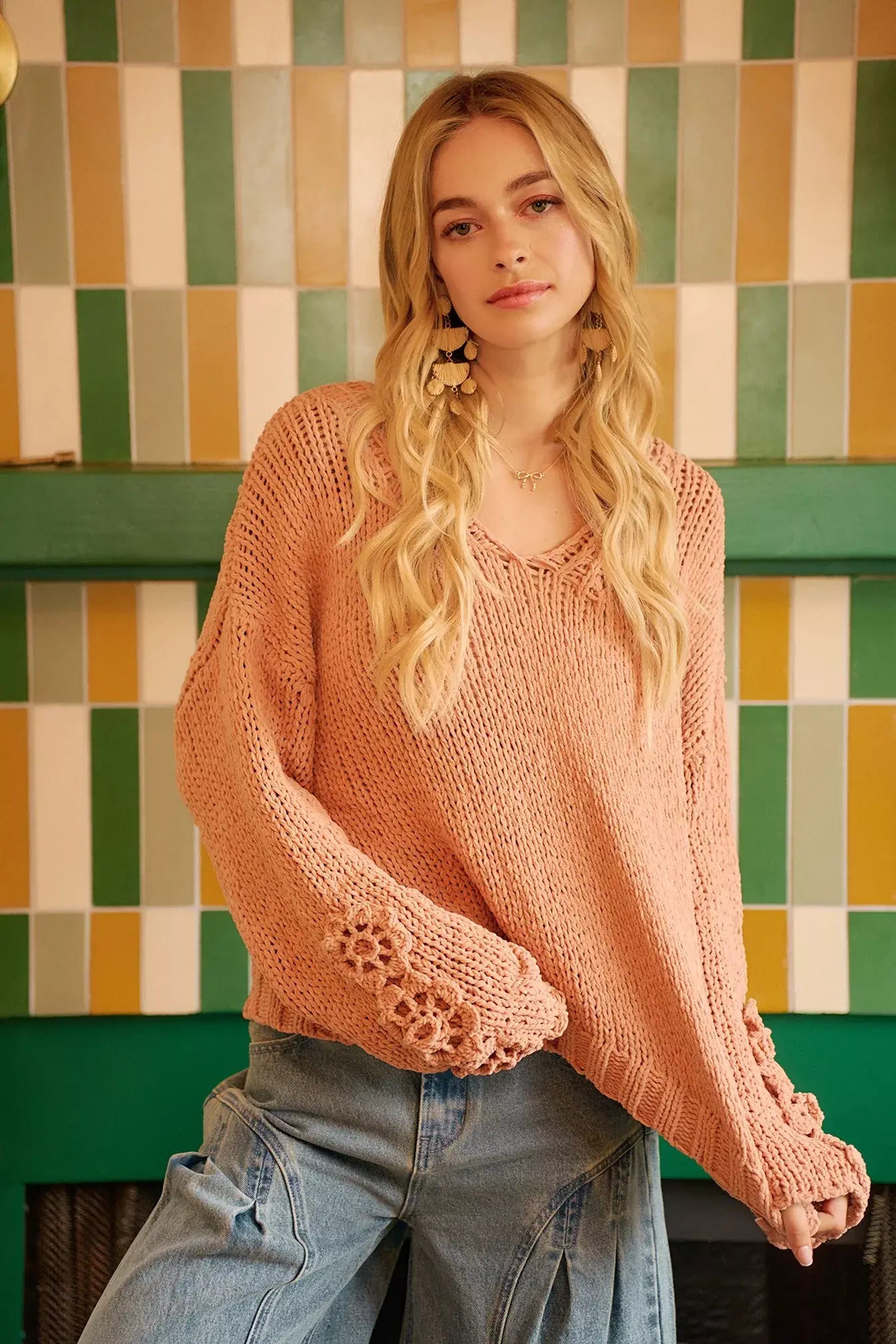 BiBi Chunky Knit Sweater with Flower Detail Sleeves - Trendsi - Flyclothing LLC
