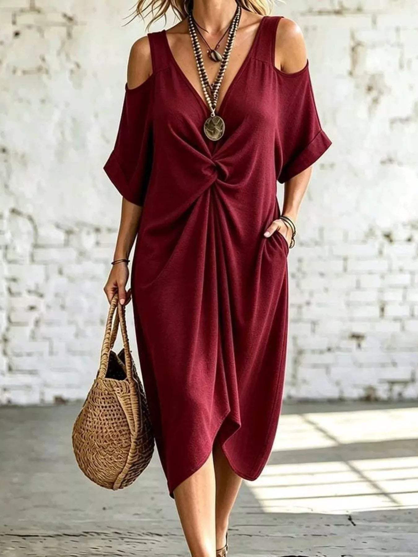 Full Size Cold Shoulder Twist Front Midi Dress Plus Size - Trendsi - Flyclothing LLC
