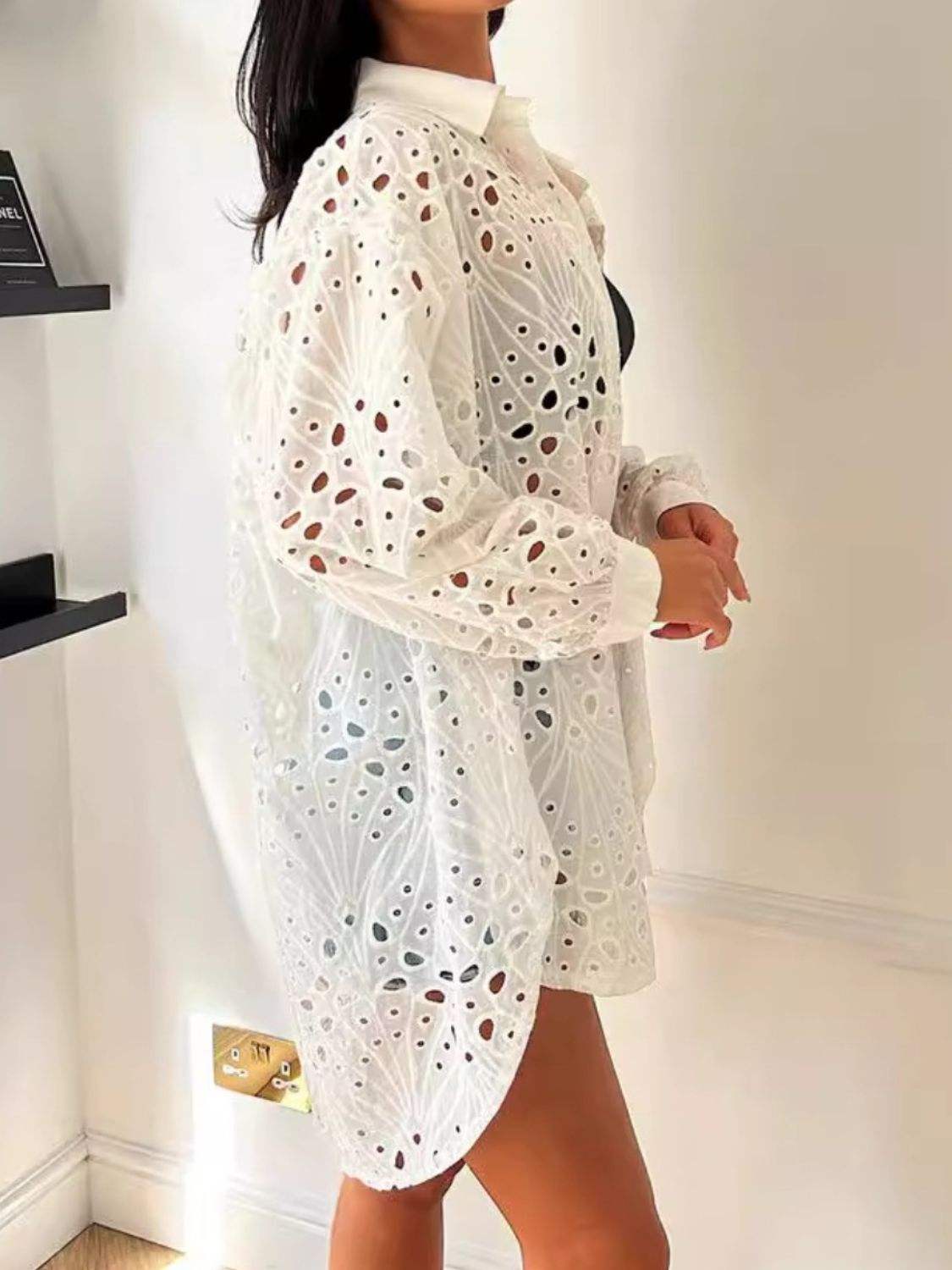 Cutout Collared Neck Long Sleeve Shirt - Trendsi - Flyclothing LLC