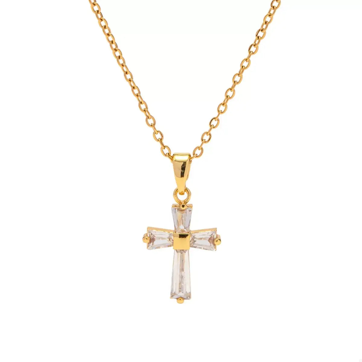 18K Gold-Plated Stainless Steel Zircon Cross Necklace - Trendsi - Flyclothing LLC